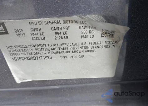 2013 Chevrolet Cruze 1Lt Auto from USA, damaged, VIN 1G1PC5SB8D7171926